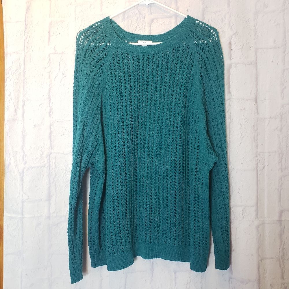 J. JILL Crochet Style Loose Knit Crewneck Sweater GREEN Medium